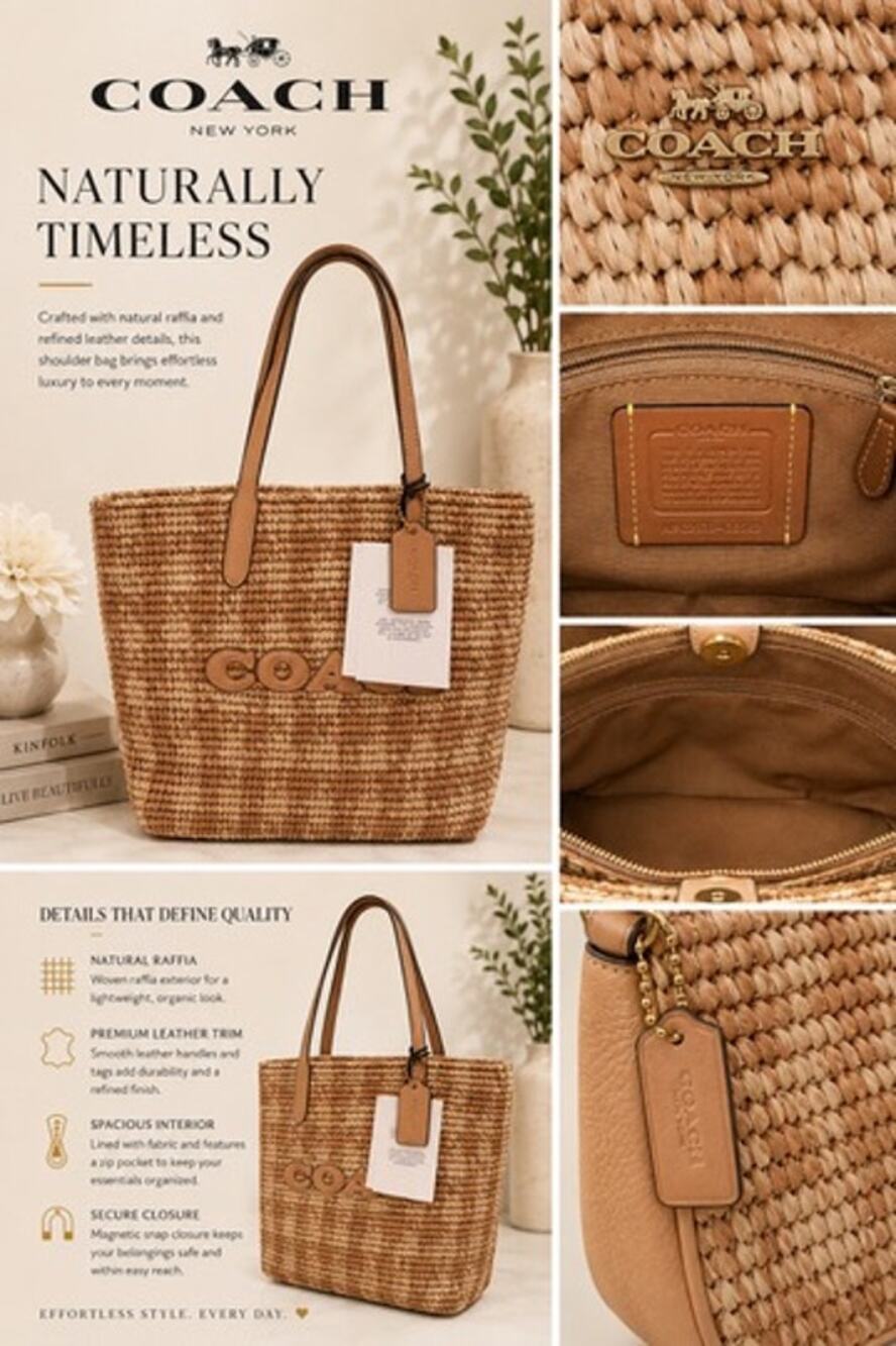 Coach Straw City Tote Bag With Gingham Print*New with tags - Picture 1 of 6